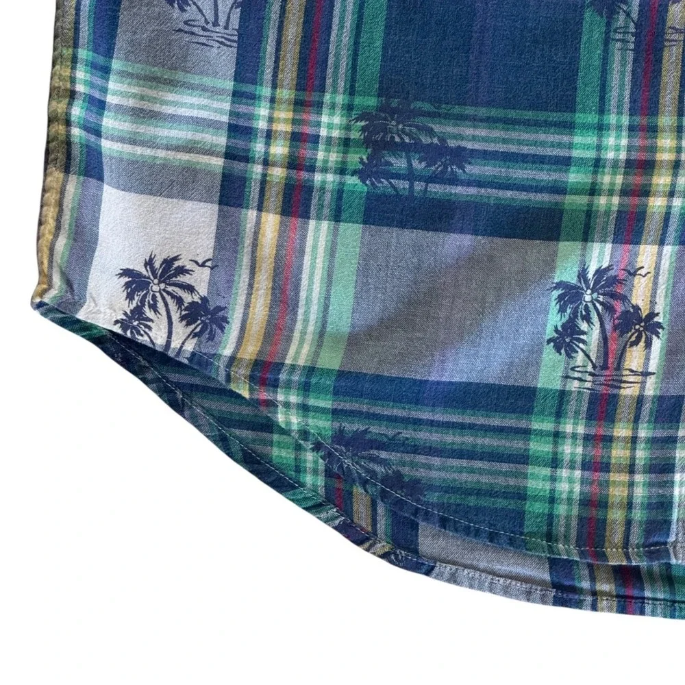 Ralph Lauren Boy Large 14-16 Plaid Palm Tree Short Sleeve Button Down Shirt Blue